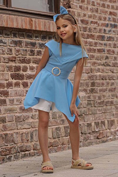 Riccotarz Girl's Crew Neck Belt Detailed Asymmetrical Cut Blue Shorts Suit