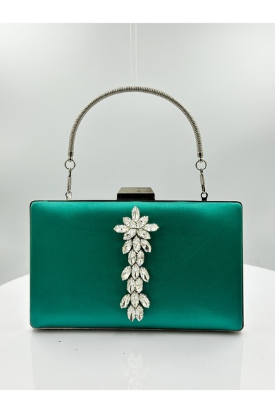 MidStore Green Color Satin Silver Case Silver Stone Evening Dress Bag Evening...
