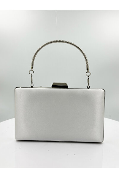 Wedding Fashion Satin de culoare ecru sidefat cu carcasă argintie Geanta roch...