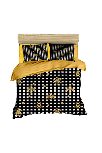 Fabeteks New Year's Snowflakes Gold Color Black Thick Plaids Digital Duvet Co...
