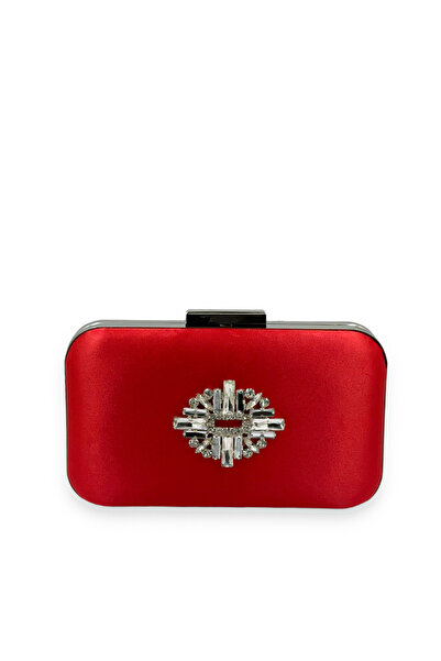 MidStore Red Color Satin Silver Case Silver Stone Evening Dress Bag Evening B...