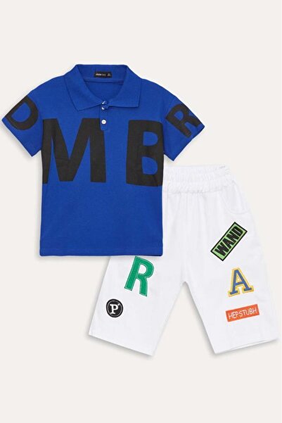 Riccotarz Fiú szövegnyomott kék rövidnadrág öltöny gombrészlettel a gallérján