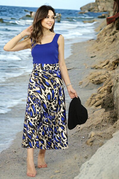 FaBe Fashion Desenli Midi Boy Desenli Saten Etek