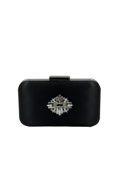 MidStore Geantă elegantă din satin negru, cu carcasă argintie și pietre argintii, ideală pentru seri, nunți și logodne. Cod: Düğün Nişan Portföy