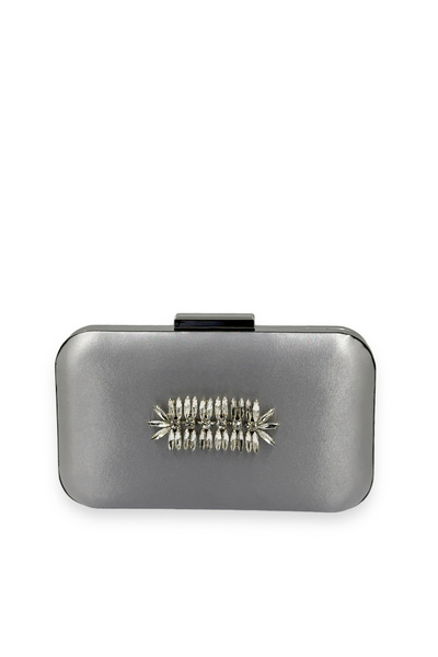 Wedding Fashion Geantă elegantă de seară gri, din satin, cu carcasă argintie ...