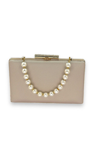 Wedding Fashion Rochie de seară din satin mat bej - portofoliu clutch cu amprentă și mâner de perle care nu se zgârie