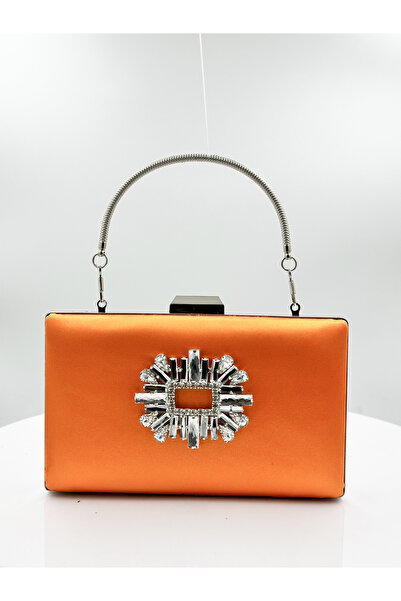 MidStore Orange Color Satin Silver Case Silver Stone Evening Dress Bag Evenin...