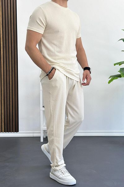 Edwox Men's Slim Fit T-Shirt Trousers Set Cream Edw079