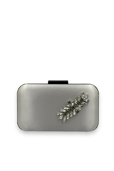 MidStore Silver Gray Color Satin Silver Case Silver Stone Evening Dress Bag E...