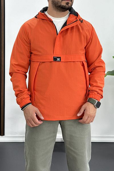 Edwox Men's Red Slim Fit Raincoat Coat - Crinkle Fabric, Kangaroo Pocket, Half Zipper Edw077