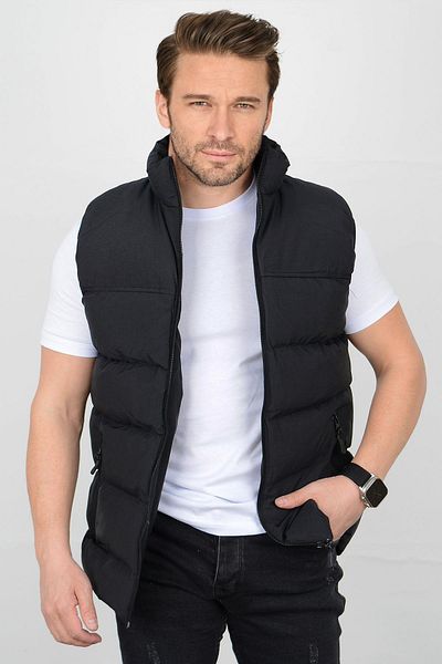 Edwox Men's Slim Fit Crinkle Fabric Puffer Vest Black Edw075