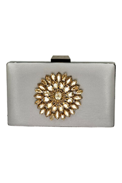 Generic Brand Gray Color Satin Gold Stone Evening Bag Evening Bag Wedding Eng...