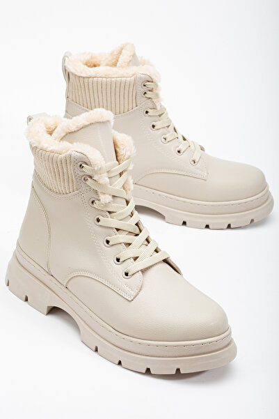 Tonny Black Kadın Bej Kalın Termo Taban Kürklü Bağcıklı Bot