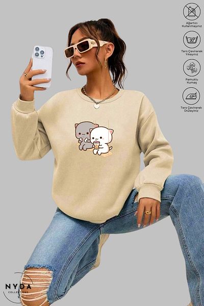 Nyda Collections Unisex μακρυμάνικο Bubu Dudu Swing με στάμπα με λαιμόκοψη χωρίς κουκούλα Raster Oversize φούτερ