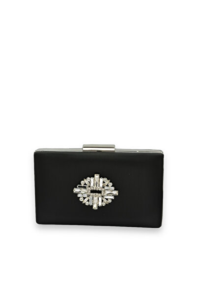 MidStore Black Color Non-Scratch Satin Silver Stone Evening Dress Bag
