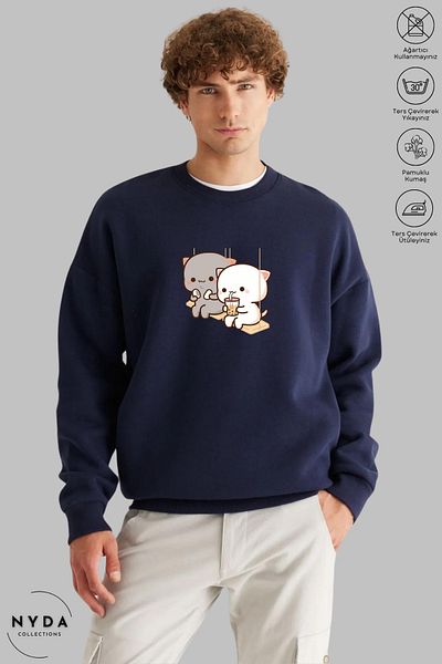 Nyda Collections Unisex μακρυμάνικο Bubu Dudu Swing με στάμπα με λαιμόκοψη χωρίς κουκούλα Raster Oversize φούτερ