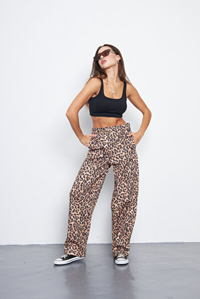 Kutaf Leopar Desen Yüksek Bel Likralı Wide Leg Pantolon