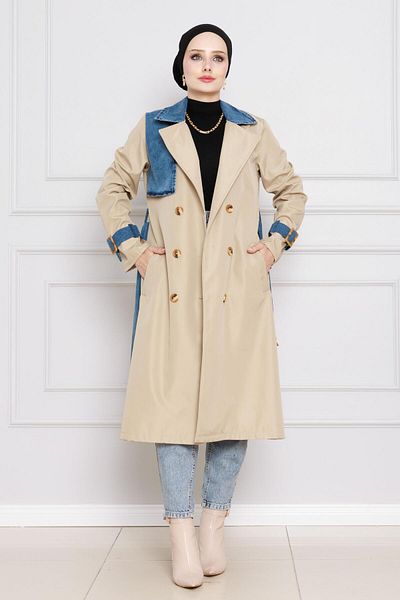 Sevitli Beige Color Denim Detailed Trench Coat