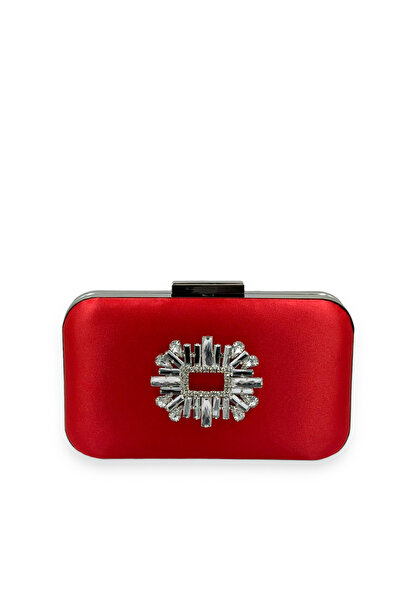 MidStore Red Color Satin Silver Case Silver Stone Evening Dress Bag Evening B...
