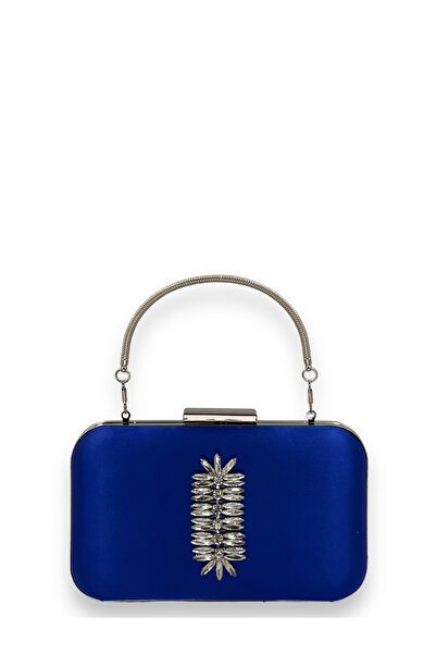 MidStore Cobalt Blue Color Satin Silver Case with Silver Stones Handle Evenin...