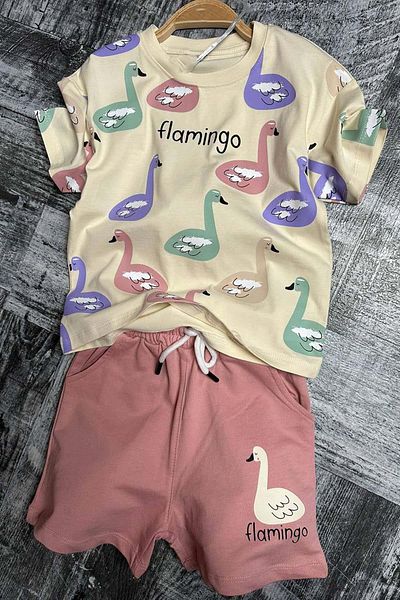 Riccotarz Costum pentru fetiță cu mâneci scurte imprimate cu flamingo, pudră, pantaloni scurți