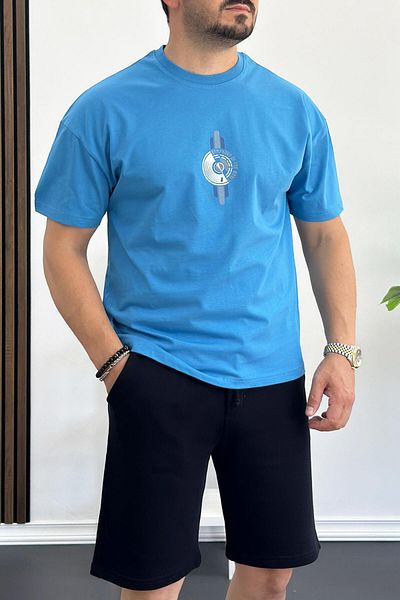 Edwox Мъжка тениска с щампа Oversize в синьо - 100% памук Edw159