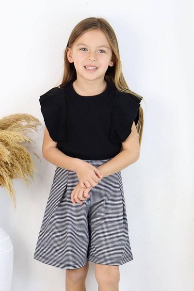 Riccotarz Girl's Black Blouse and Shorts Set - Ruffled Sleeves, Ribbed Fabric