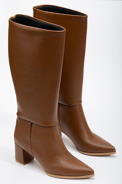 Tonny Black Women's Tan Skin Thermo Sole Pointed Toe Thick Heeled Boots