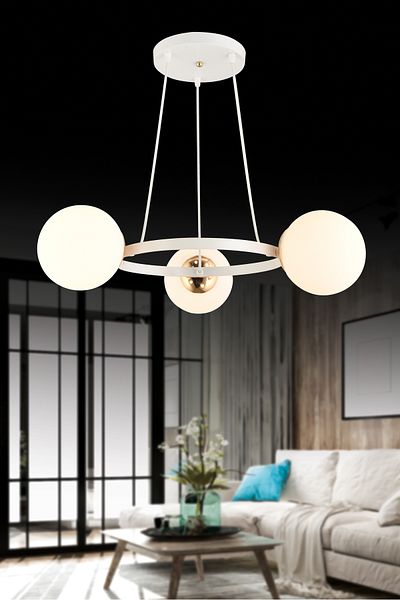 SONSUZ AYDINLATMA&AVİZE Infinite White 3-Piece Ring White Globe Glass Modern Chandelier