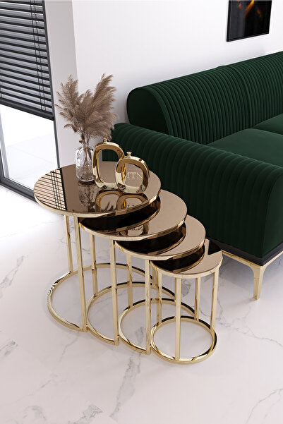 Nies Aksesuar Armoni 4'lü Zigon Sehpa Gold Ayak Bronz Ayna