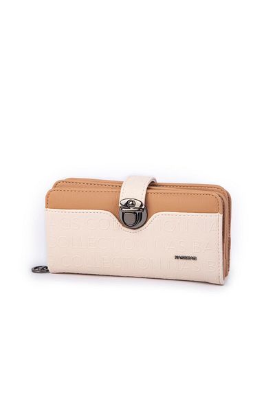 Nas Bag Women - Large Size Cream Camel Embossed Wide Wallet with Multi-Card Holder and Clip