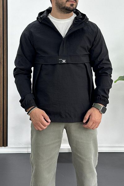 Edwox Men's Slim Fit Crinkle Fabric Kangaroo Pocket Half Zipper Raincoat Coat Black Edw077