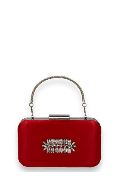 MidStore Red Color Satin Silver Case Silver Stone Handle Evening Dress Evenin...