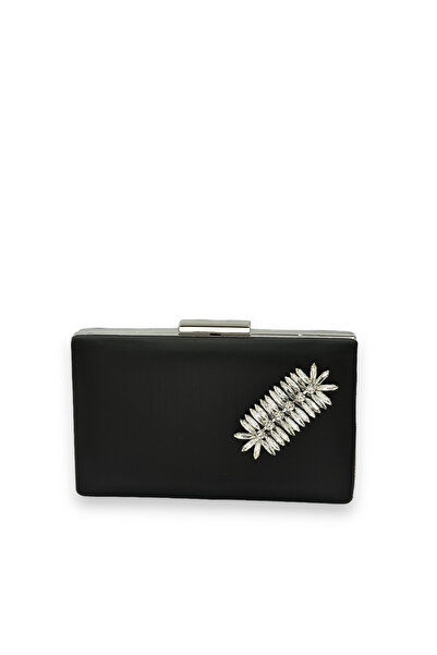 MidStore Black Color Non-Scratch Satin Silver Stone Evening Dress Bag