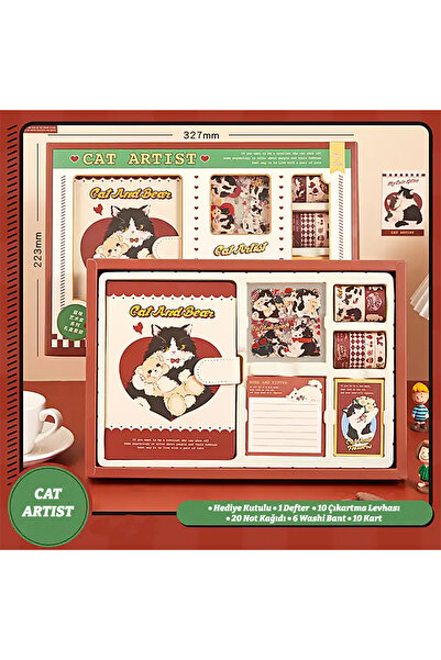 GUGUK Cat and Bear Temalı Kutulu Kit • Defter • Washi Bant • Sticker • Kart (...