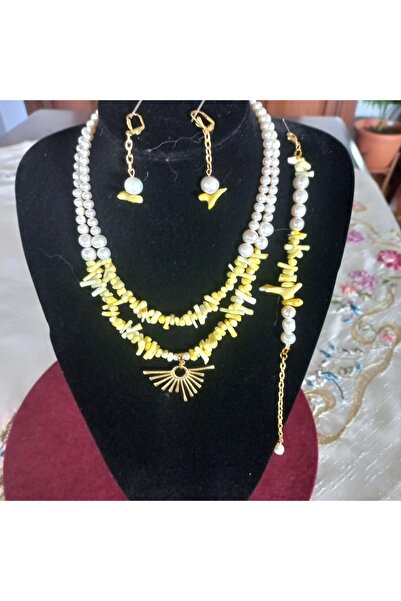 Sarı Mercanlı Inci Kolye & Bileklik Küpe Tasarımset, Doğaltaş Tasarım,sarılırsan,kültür Incisi