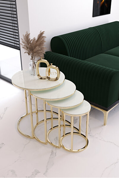 Nies Aksesuar Armoni 4'lü Zigon Sehpa Gold Ayak Beyaz Cam