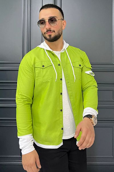 MİSHAR İTALİA Pistachio Green Hooded Men's Shirt with Color Garnish