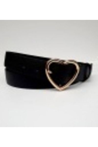 Kemerix Black Women's Belt with Heart Buckle Gold Buckle