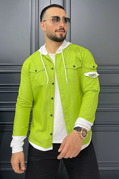 MİSHAR İTALİA Pistachio Green Hooded Men's Shirt with Color Garnish