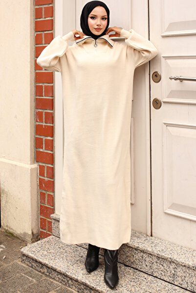 benguen 2441 Πλεκτό φόρεμα με φερμουάρ πέτρινο χρώμα