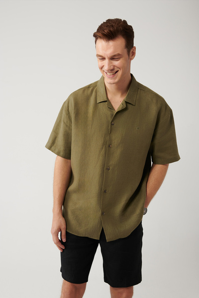 Avva Erkek Haki Apaj Yaka %100 Keten Kısa Kol Oversize Fit Gömlek A41Y2209