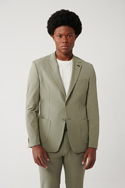 Avva Erkek Açık Haki Yırtmaçlı Astarsız Way Stretch Lightweight Comfort Slim Fit Ceket A41Y4003