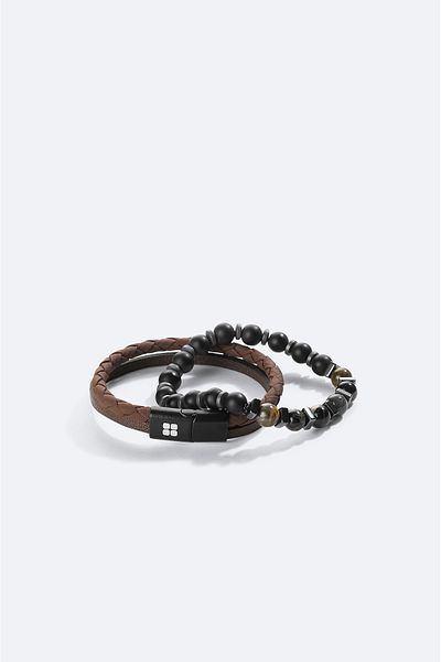 Avva Men's Brown 2-Piece Bracelet - 100% Leather and Agate Stone A41Y9611