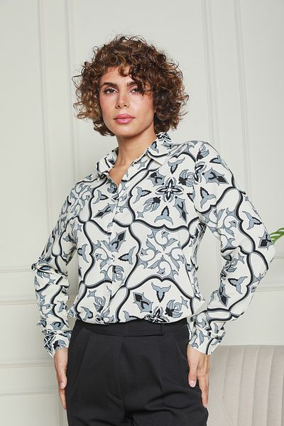 Butik Nuevoo Women's Patterned Ecru Indigo Shirt