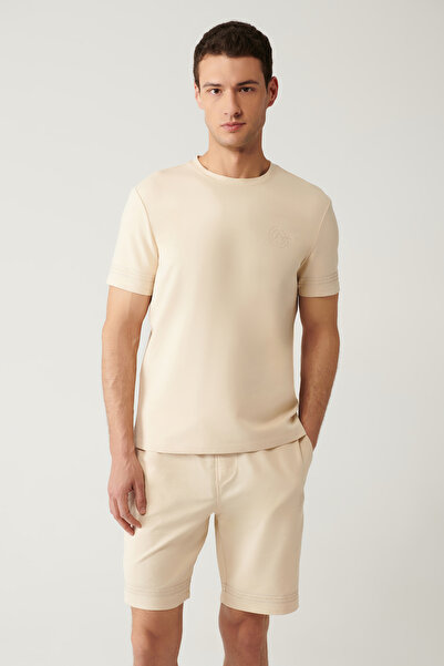 Avva Men's Beige Crew Neck Jersey Fabric Printed Regular Fit T-Shirt A41Y1107