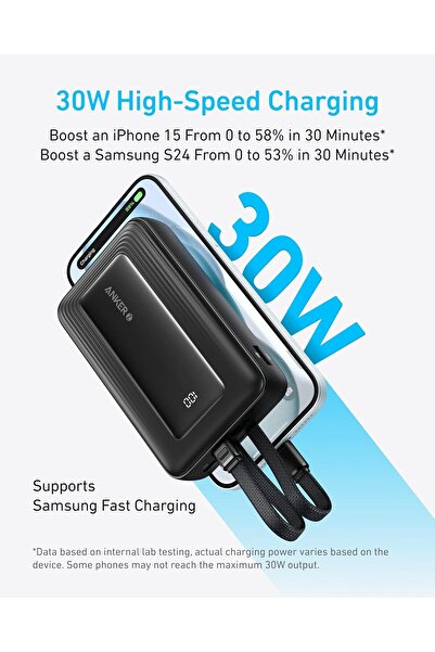 Anker 10000mAh High Speed Power Bank 30W with Built-in USB-C Cable and Non-Tangle Cable