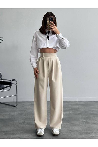 MetuCA Women's Cream High Waist and Velcro Spanish Fabric Palazzo Pants with Pockets - Comfortable Wide Leg