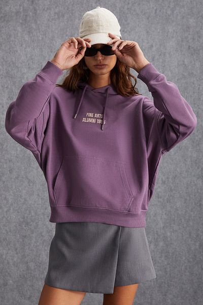 GRIMELANGE Dayelin Women's Embroidery Detailed Organic Cotton Regular Hooded Kangaroo Pocket Purple Sweatshirt