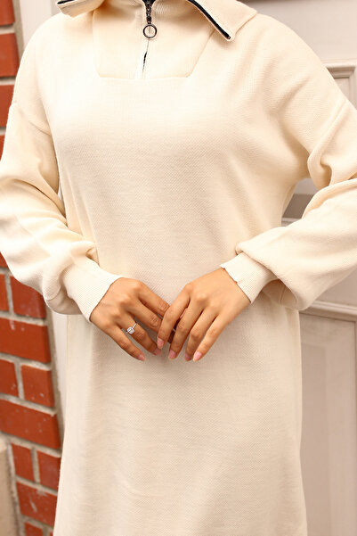 benguen 2441 Πλεκτό φόρεμα με φερμουάρ πέτρινο χρώμα